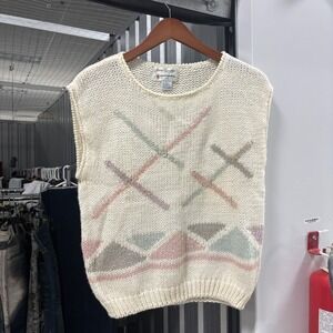 Vintage Currants Hand Loomed Knit Sweater‎ Vest Large Cream Geometric Pattern